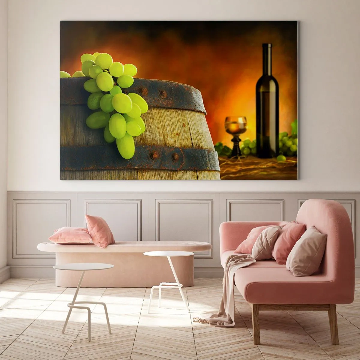 Impression sur verre - Image sur verre - Raisins sur un tonneau dans un cadre rustique avec du vin en arrière-plan - 70x50cm - Nature morte avec une bouteille de vin et une grappe de raisin - Décoration murale moderne pour le salon et la chambre ARTTOR