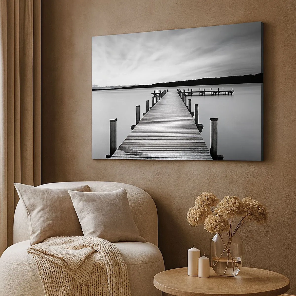 Impression sur toile - Image sur toile - Une jetée noire et blanche sur un lac calme - 70x50cm - Au point d'eau - la paix - Décoration murale moderne pour le salon et la chambre ARTTOR
