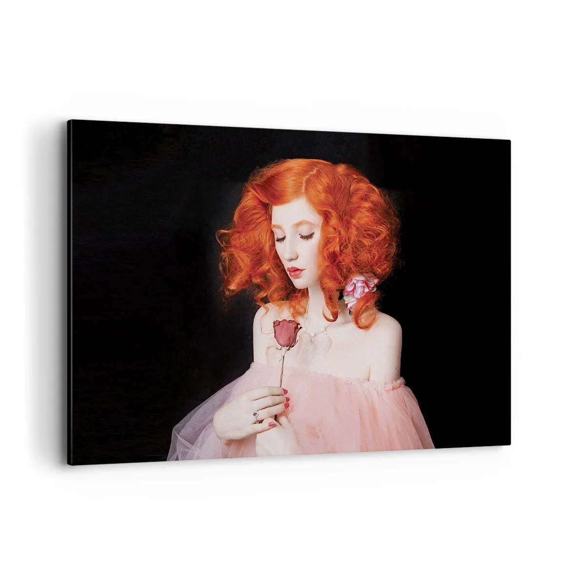 Impression sur toile - Image sur toile - Une femme aux cheveux roux tenant une rose - 120x80cm - De style baroque - Décoration murale moderne pour le salon et la chambre ARTTOR