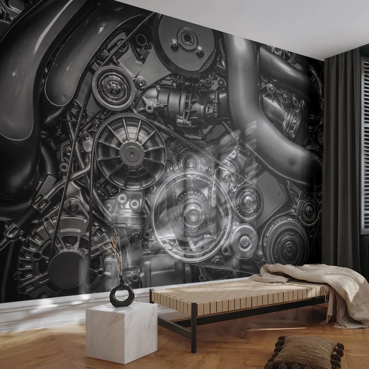 Papier Peint Photo Premium Canvas - Gros plan noir et blanc des détails mécaniques d'un moteur de voiture. - 100x70cm - Poésie mécanique - Décoration murale moderne pour le salon et la chambre ARTTOR