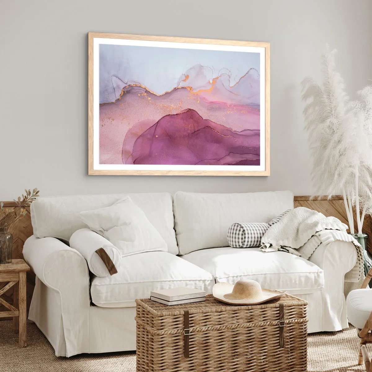 Affiche dans un chêne clair - Poster - Vagues lilas et violettes - 91x61 cm