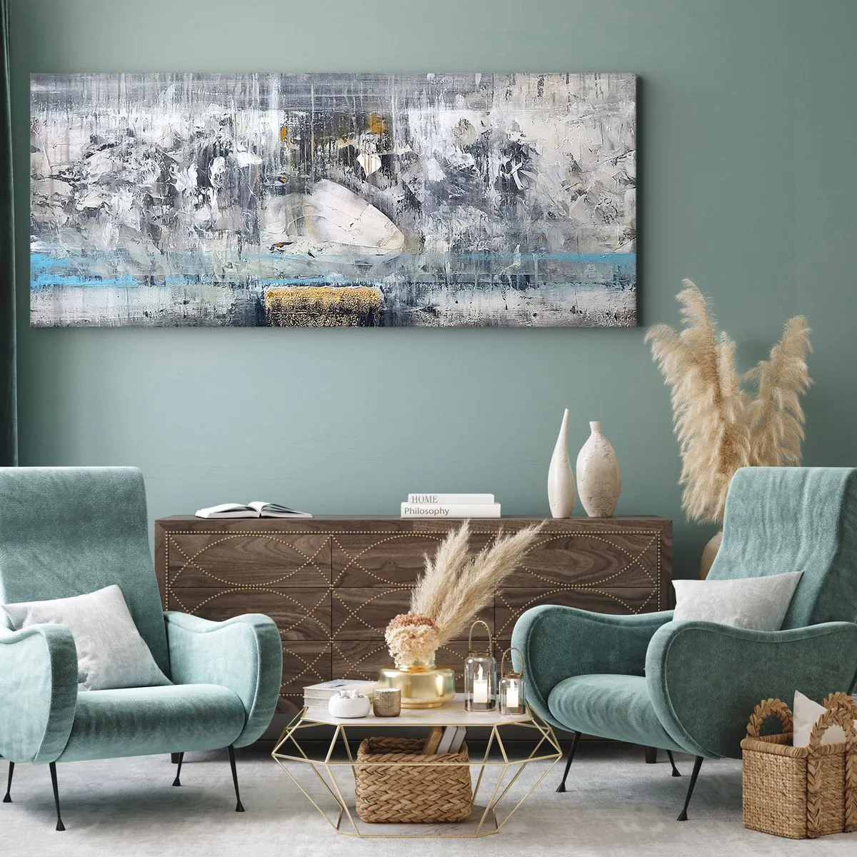 Impression sur toile - Image sur toile - Composition abstraite aux tons froids - 120x50cm - Comme sur la glace, comme après décembre - Décoration murale moderne pour le salon et la chambre ARTTOR