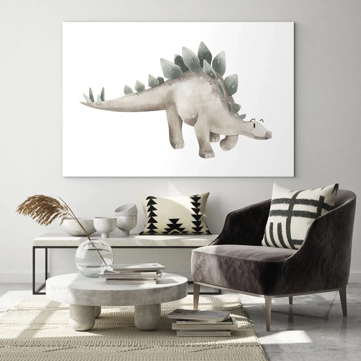 Impression sur verre - Image sur verre - Un dinosaure mignon aux couleurs pastel sur fond blanc - 100x70cm - Votre ami - Décoration murale moderne pour le salon et la chambre ARTTOR