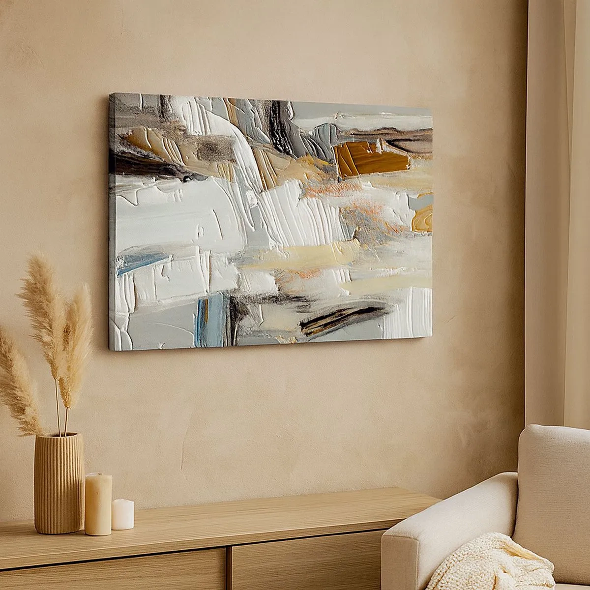 Impression sur toile - Image sur toile - Abstraction texturale dans des tons terre et blanc - 70x50cm - Couches colorées - Décoration murale moderne pour le salon et la chambre ARTTOR
