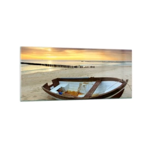 Impression sur verre - Image sur verre - Un bateau sur une plage de sable au coucher du soleil - 120x50cm - Il n'y a pas de plus belles plages - Décoration murale moderne pour le salon et la chambre ARTTOR