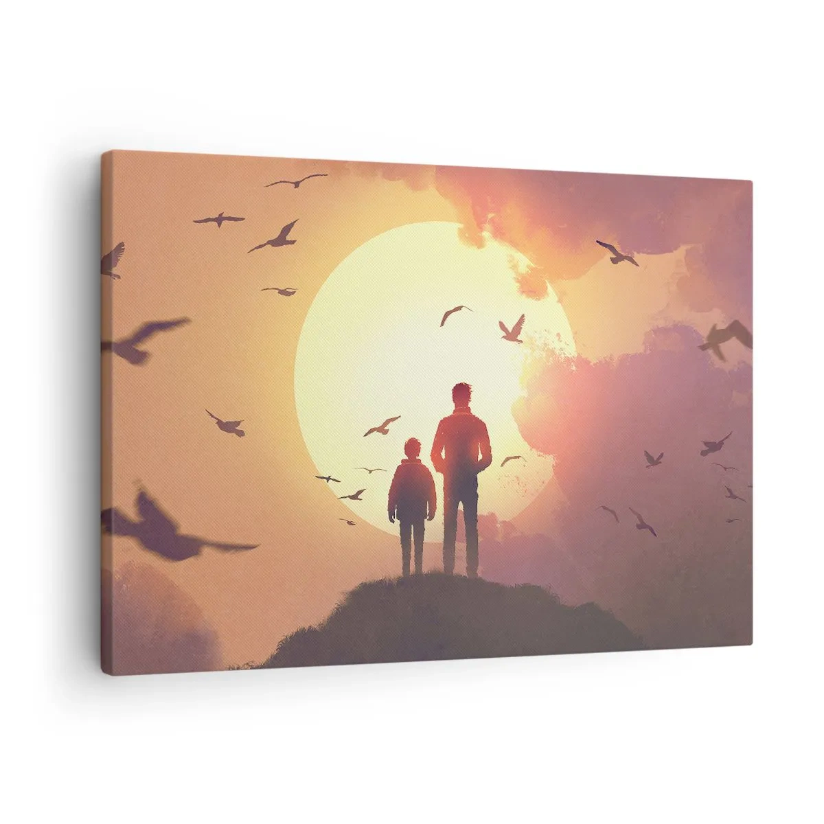 Impression sur toile - Image sur toile - Personnages sur fond de soleil couchant - 70x50cm - Face à face avec le soleil - Décoration murale moderne pour le salon et la chambre ARTTOR
