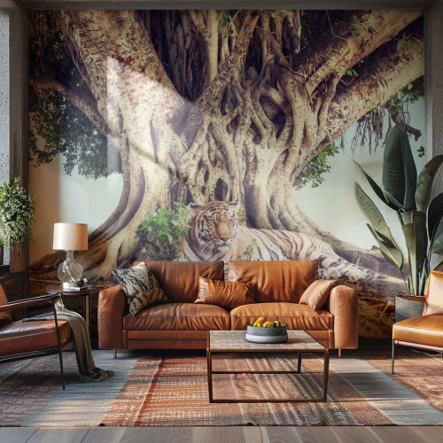 Papier Peint Photo Premium Sand - Un tigre couché sous un arbre massif et emmêlé - 100x70cm - Vue du Livre de la Genèse - Décoration murale moderne pour le salon et la chambre ARTTOR