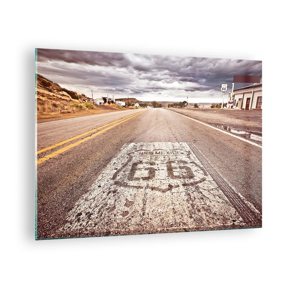 Impression sur verre - Image sur verre - Route 66 avec vue sur l'horizon - 70x50cm - Mother Road - une légende américaine - Décoration murale moderne pour le salon et la chambre ARTTOR