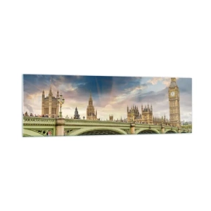 Impression sur verre - Image sur verre - Big Ben et le pont de Westminster contre le ciel au crépuscule - 160x50cm - Le temps s'est arrêté dans l'Empire - Décoration murale moderne pour le salon et la chambre ARTTOR