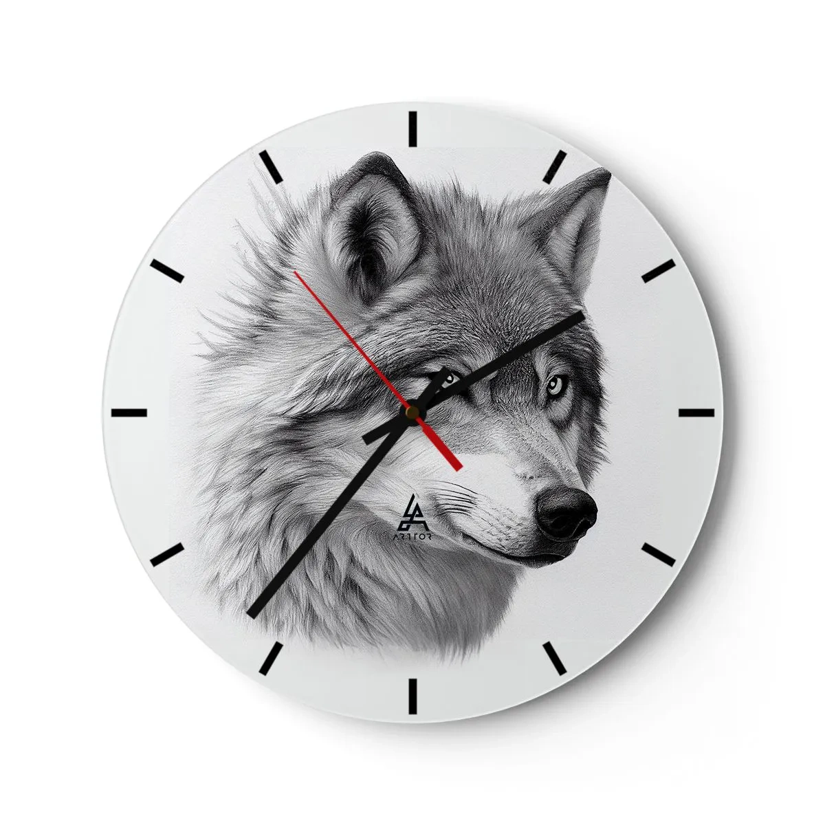 Horloge murale - Pendule murale - Portrait en noir et blanc d'un loup au regard perçant. - 30x30cm - Alpha – sans aucun doute - Décoration murale moderne pour le salon, la cuisine et la chambre ARTTOR