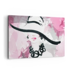 Impression sur toile - Image sur toile - Une femme élégante avec un chapeau sur un fond d'abstractions roses. - 120x80cm - Portrait d'une dame en noir et rose - Décoration murale moderne pour le salon et la chambre ARTTOR