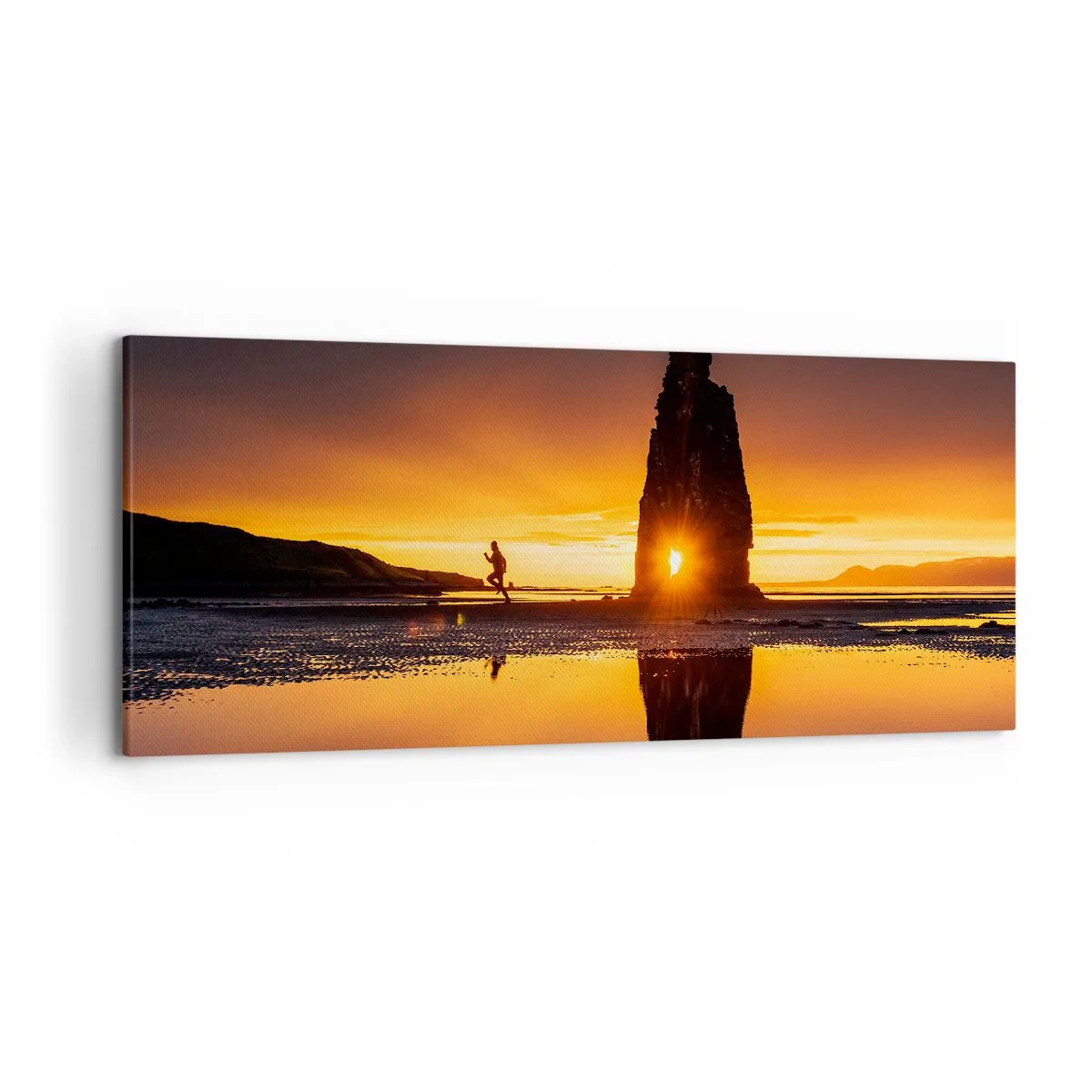 Impression sur toile - Image sur toile - Personne courant sur la plage au coucher du soleil avec formation rocheuse - 120x50cm - Juste vous et la nature - Décoration murale moderne pour le salon et la chambre ARTTOR