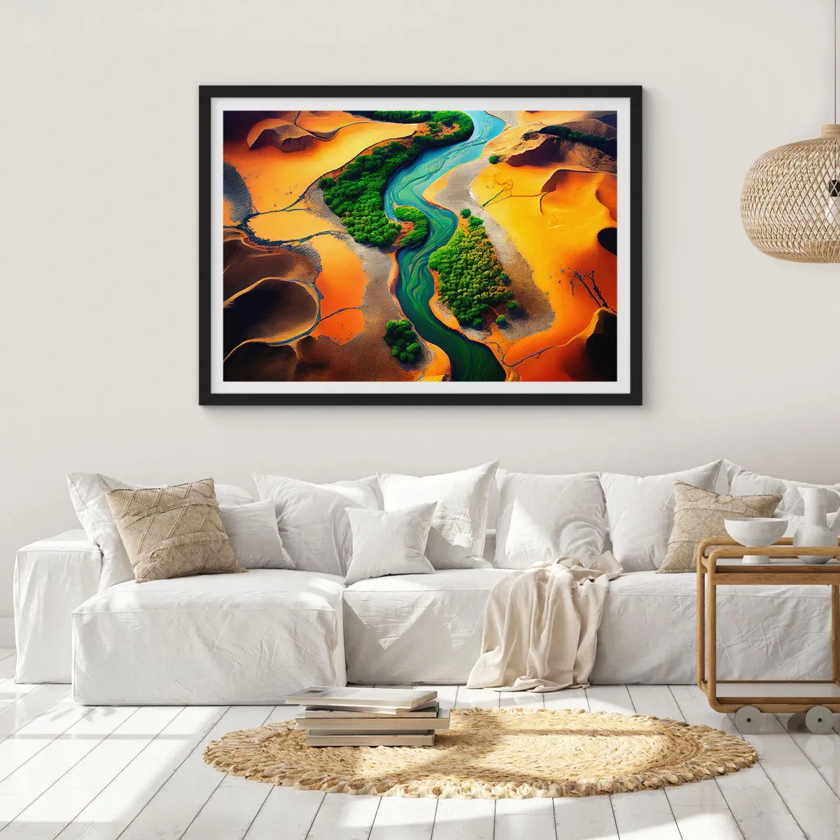 Affiche dans un cadre noir - Poster - Une rivière verte entourée de sable doré et de végétation - 70x50cm - Rivière vivifiante - Décoration murale moderne pour le salon et la chambre ARTTOR