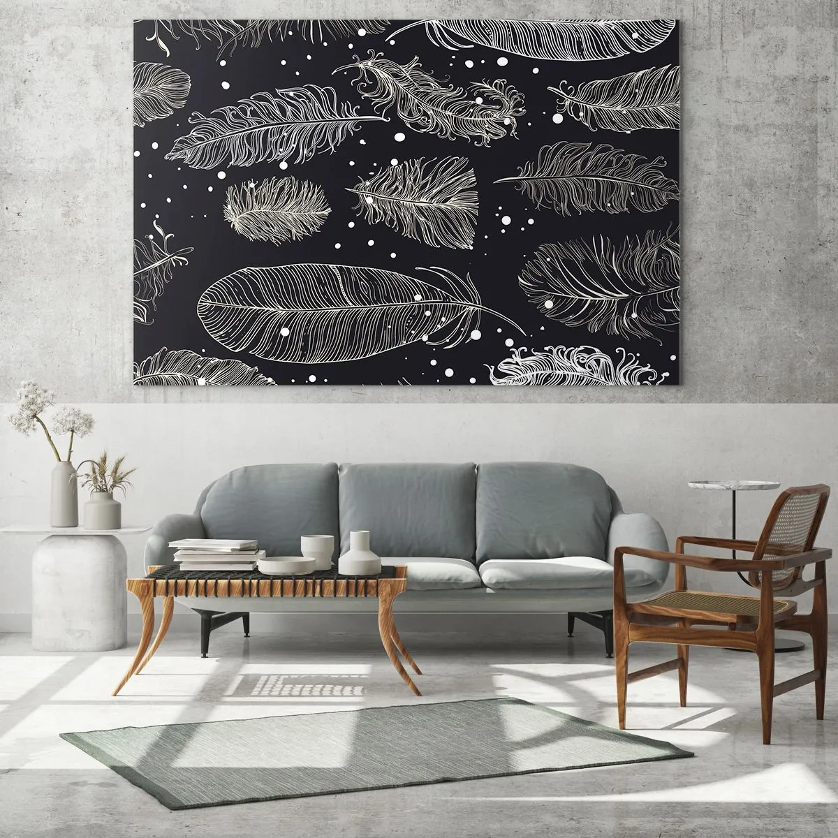 Impression sur verre - Image sur verre - Plumes blanches sur fond noir avec des détails subtils - 100x70cm - Toile de plumes - Décoration murale moderne pour le salon et la chambre ARTTOR