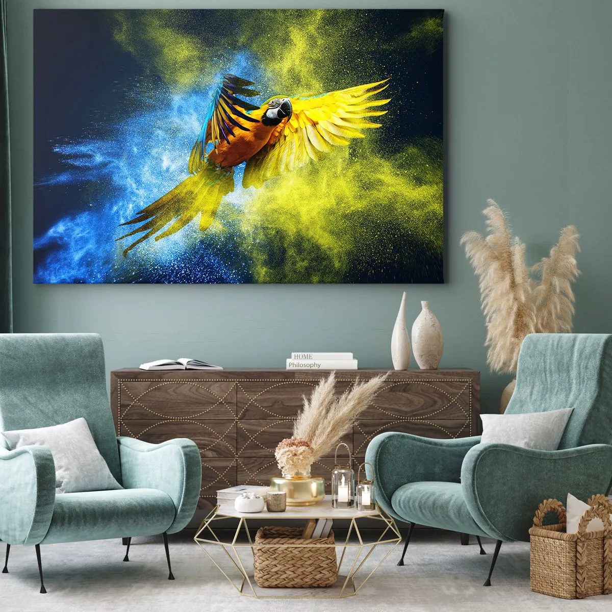 Impression sur toile - Image sur toile - Un perroquet en vol sur fond d'explosions colorées de jaune et de bleu. - 70x50cm - Dans la poussière bleue et dorée - Décoration murale moderne pour le salon et la chambre ARTTOR