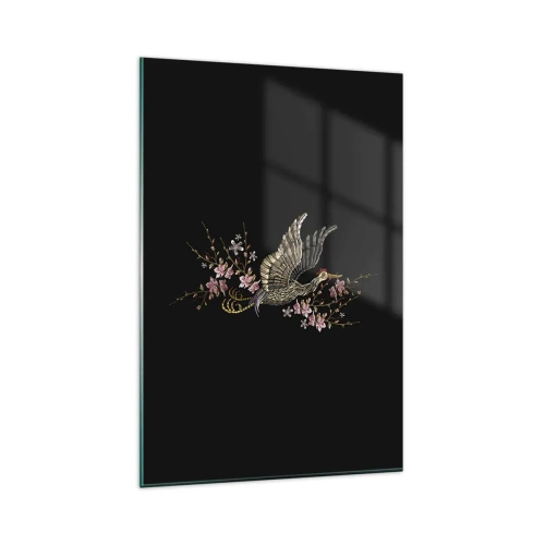 Impression sur verre - Image sur verre - Un oiseau en vol avec des fleurs sur fond noir - 80x120cm - Oiseau brodé exotique - Décoration murale moderne pour le salon et la chambre ARTTOR