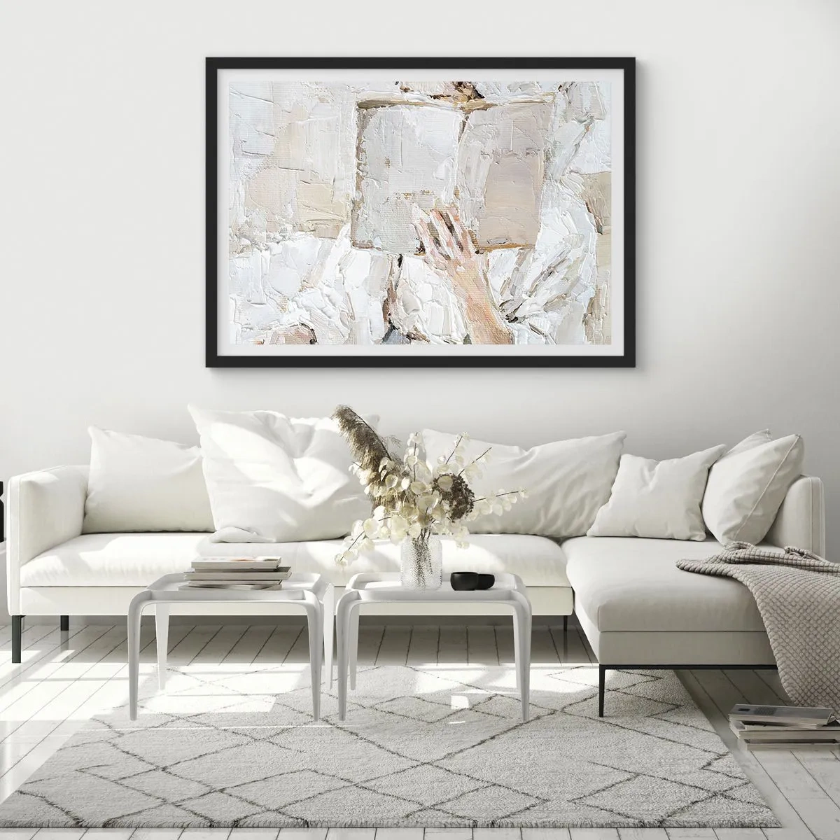 Affiche dans un cadre noir - Poster - Une peinture impressionniste d'une main tenant un livre ouvert. - 100x70cm - Dans un autre monde - Décoration murale moderne pour le salon et la chambre ARTTOR
