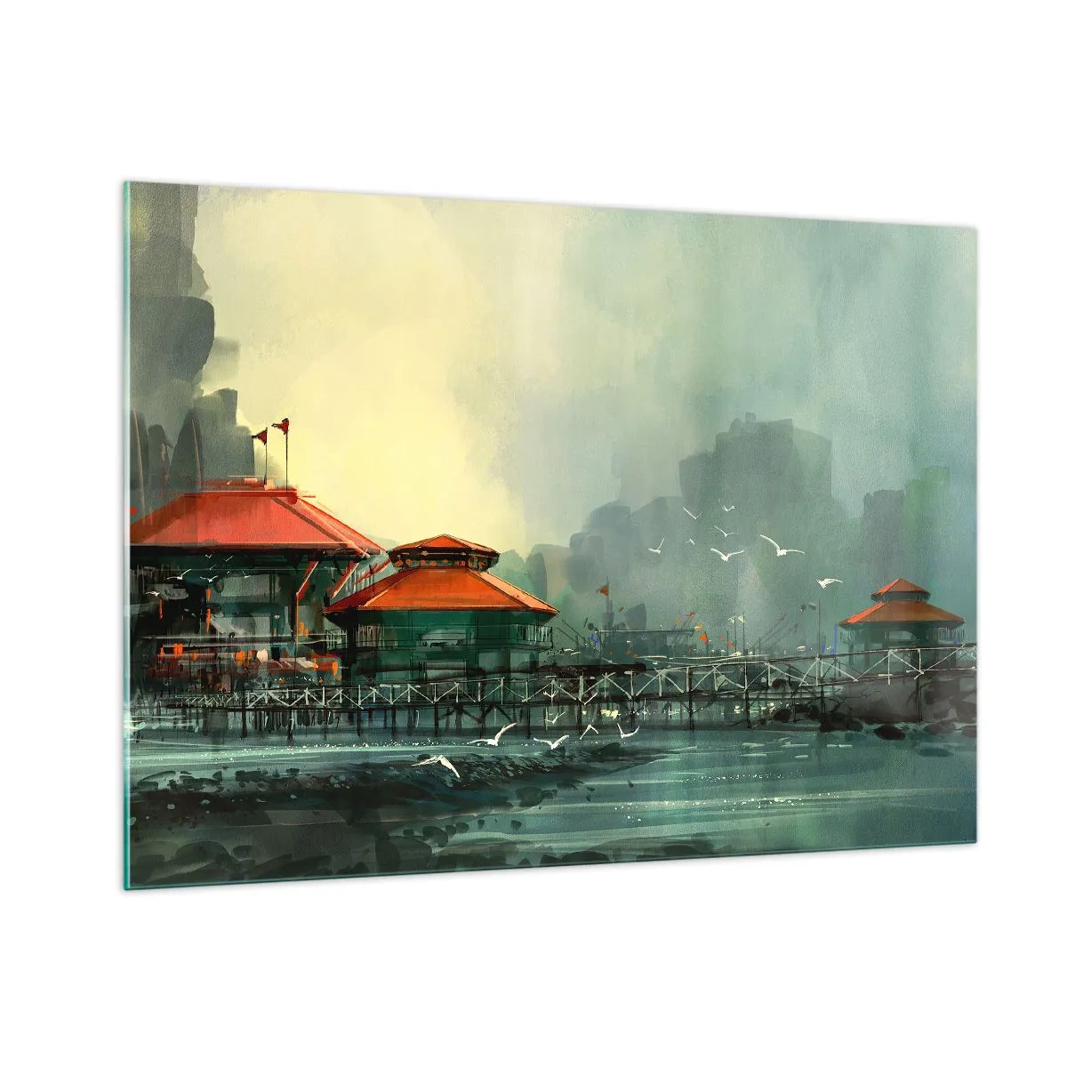Impression sur verre - Image sur verre - Bâtiments portuaires aux toits rouges contre le brouillard - 100x70cm - Une journée ensoleillée au port - Décoration murale moderne pour le salon et la chambre ARTTOR