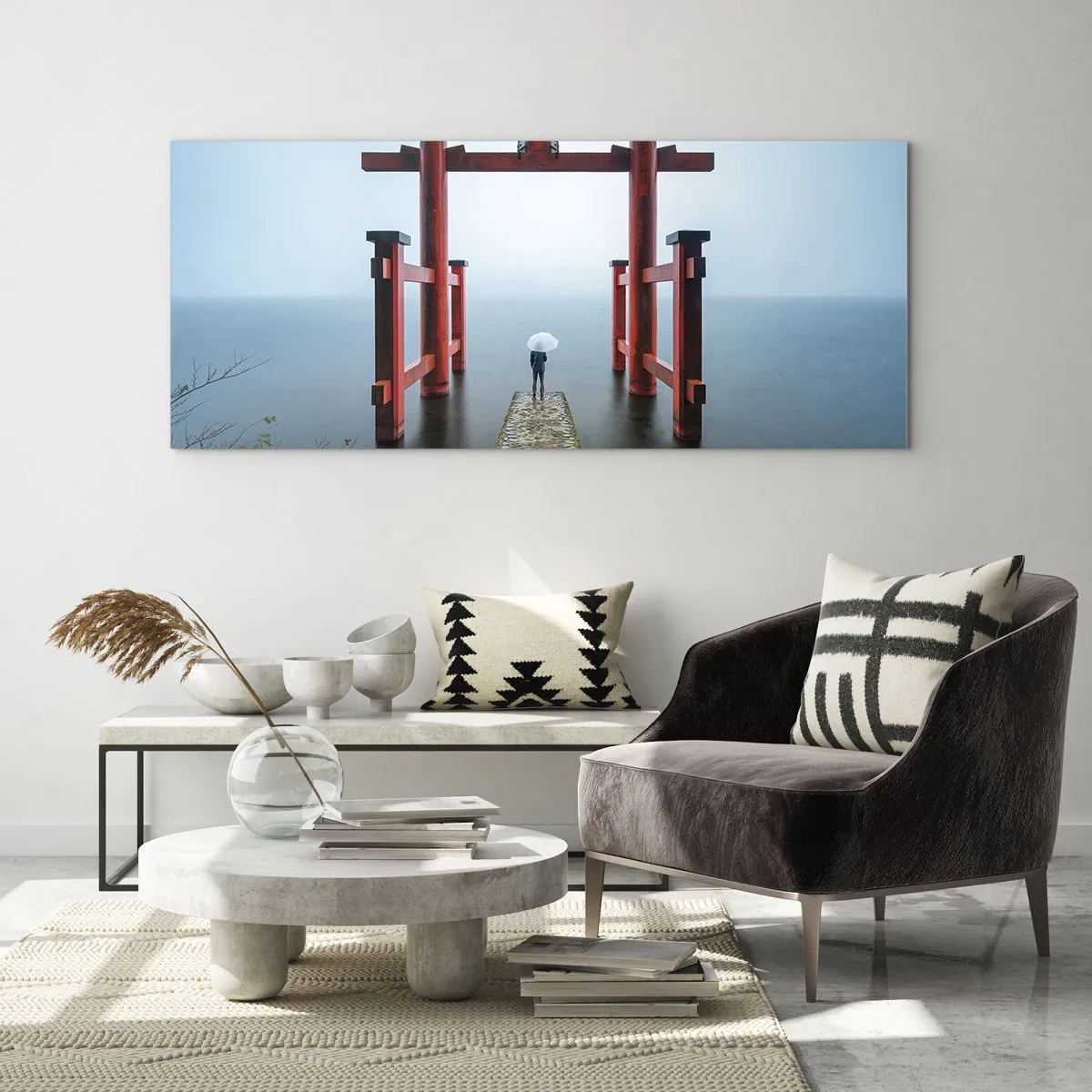 Impression sur verre - Image sur verre - Un portail torii surplombant un lac tranquille au Japon - 140x50cm - Rêverie japonnaise - Décoration murale moderne pour le salon et la chambre ARTTOR
