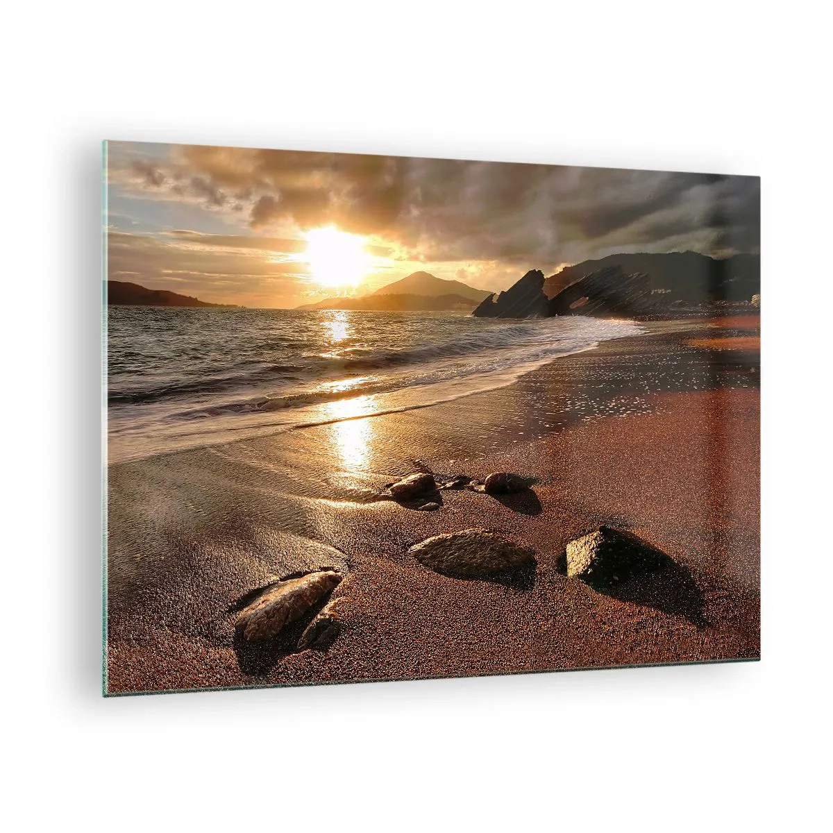 Impression sur verre - Image sur verre - Coucher de soleil sur une plage rocheuse et des collines - 70x50cm - Suivez le soleil sur les collines - Décoration murale moderne pour le salon et la chambre ARTTOR