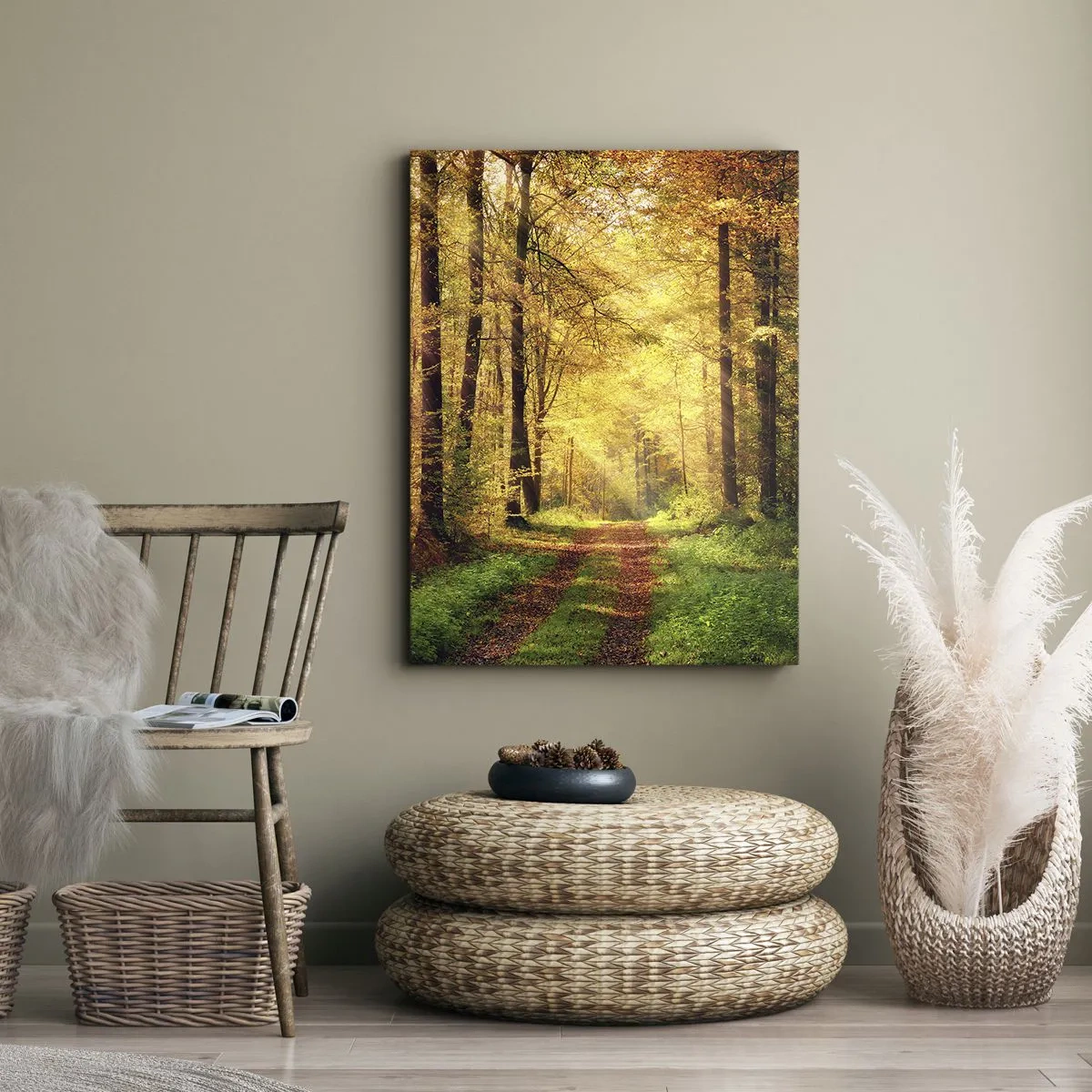 Impression sur toile - Image sur toile - Un chemin forestier entouré d'arbres dorés et verts - 70x100cm - Silence d'or en forêt - Décoration murale moderne pour le salon et la chambre ARTTOR