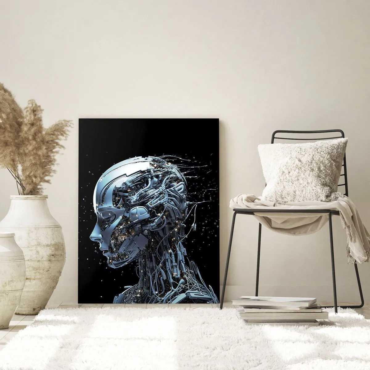 Impression sur verre - Image sur verre - Portrait futuriste d'un cyborg dans un style industriel sur fond noir. - 70x100cm - La technologie est une femme - Décoration murale moderne pour le salon et la chambre ARTTOR