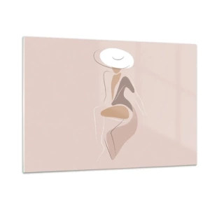 Impression sur verre - Image sur verre - Silhouette d'une femme au chapeau sur fond beige - 120x80cm - Être une dame - Décoration murale moderne pour le salon et la chambre ARTTOR