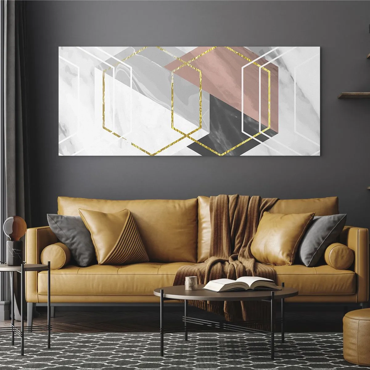 Impression sur verre - Image sur verre - Figures géométriques avec des accents d'or et de marbre - 120x50cm - Composition en chaîne - Décoration murale moderne pour le salon et la chambre ARTTOR