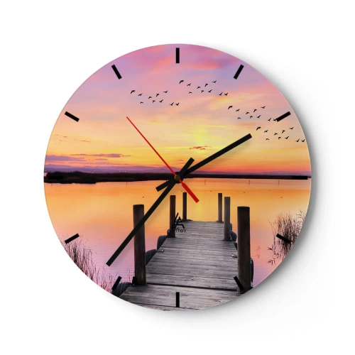Horloge murale - Pendule murale - Une jetée sur un lac au coucher du soleil, des oiseaux s'envolant - 30x30cm - Aube silencieuse violette - Décoration murale moderne pour le salon, la cuisine et la chambre ARTTOR