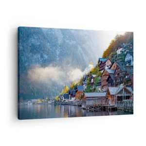 Impression sur toile - Image sur toile - Un village de montagne au bord d'un lac dans un paysage d'automne - 70x50cm - Ambiance alpine - Décoration murale moderne pour le salon et la chambre ARTTOR