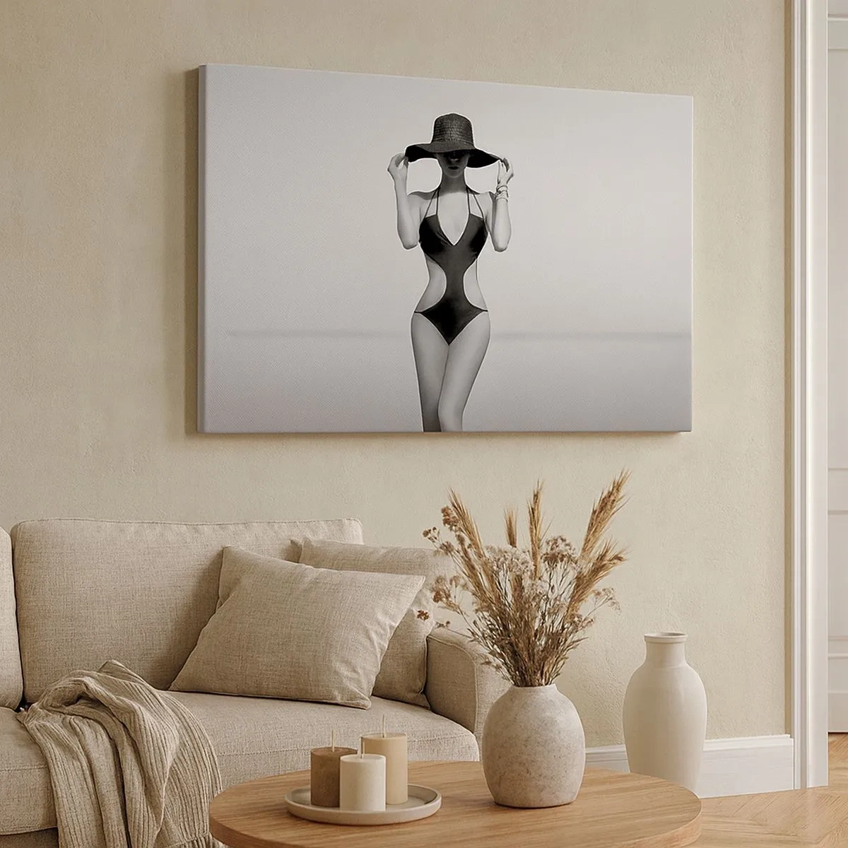 Impression sur toile - Image sur toile - Silhouette noire et blanche d'une femme portant un chapeau sur fond de mer - 70x50cm - Mon prénom? Élégance - Décoration murale moderne pour le salon et la chambre ARTTOR