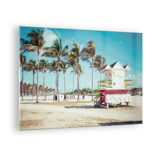 Impression sur verre - Image sur verre - Une plage avec des palmiers et une tour de surveillance par une journée ensoleillée - 70x50cm - Une belle journée devant toi - Décoration murale moderne pour le salon et la chambre ARTTOR