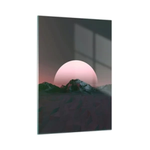 Impression sur verre - Image sur verre - Paysage abstrait avec des montagnes géométriques et un soleil rose. - 50x70cm - Dans une galaxie voisine - Décoration murale moderne pour le salon et la chambre ARTTOR