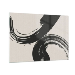 Impression sur verre - Image sur verre - Coups de pinceau calligraphiques noirs et dynamiques sur fond clair. - 70x50cm - Balayage circulaire - Décoration murale moderne pour le salon et la chambre ARTTOR