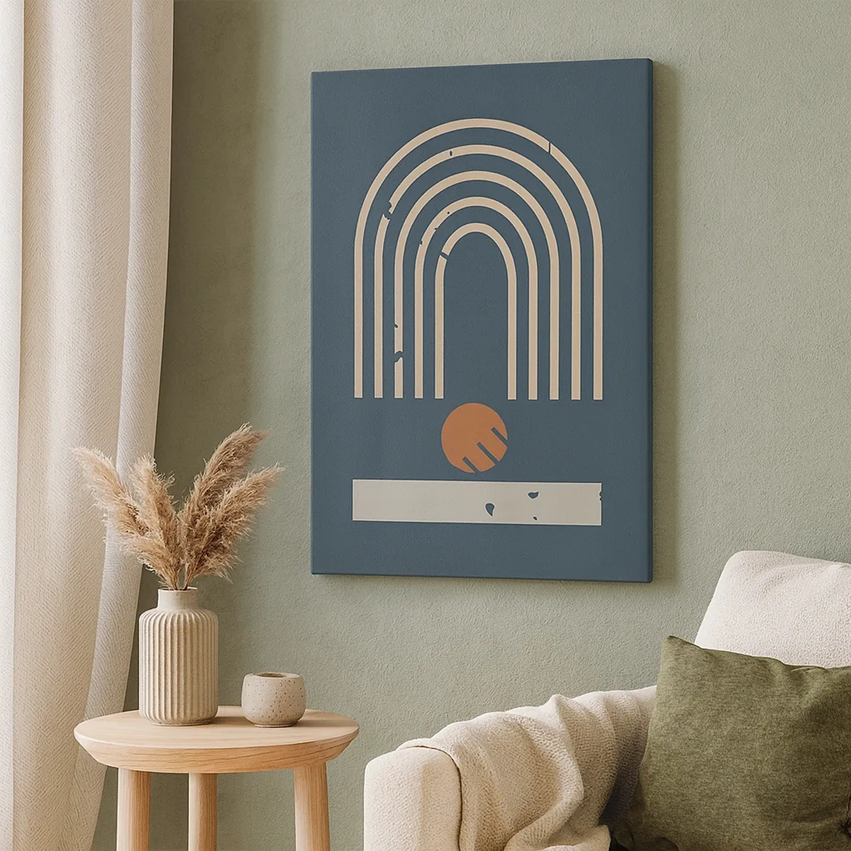 Impression sur toile - Image sur toile - Motif géométrique dans les tons bleu marine, beige et orange sur fond sombre - 50x70cm - Géométrie sur la grenade - Décoration murale moderne pour le salon et la chambre ARTTOR