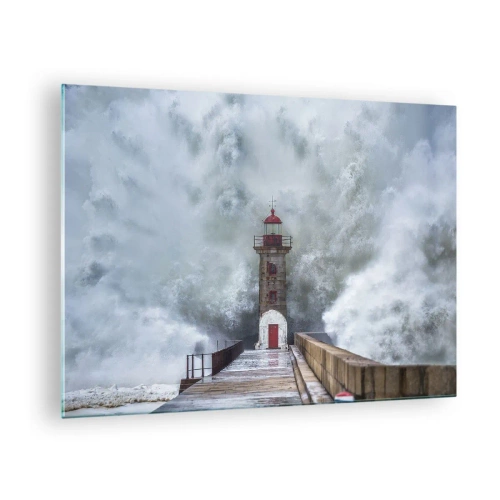 Impression sur verre - Image sur verre - Un phare est frappé par une puissante vague. - 70x50cm - Le rugissement des eaux, le bruit soufflera - Décoration murale moderne pour le salon et la chambre ARTTOR