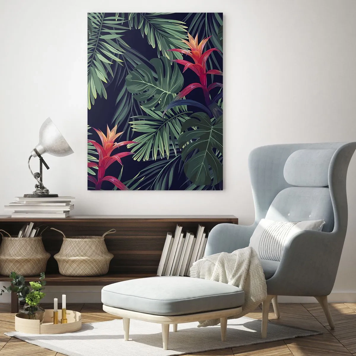 Impression sur verre - Image sur verre - Feuilles et fleurs tropicales sur fond sombre - 80x120cm - immergé dans la nature - Décoration murale moderne pour le salon et la chambre ARTTOR