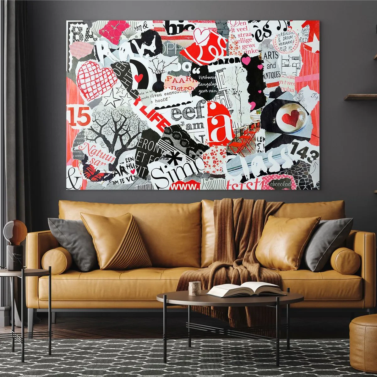 Impression sur verre - Image sur verre - Un collage de lettres, de cœurs et d'arbres dans un style artistique. - 70x50cm - Collage hipster - Décoration murale moderne pour le salon et la chambre ARTTOR