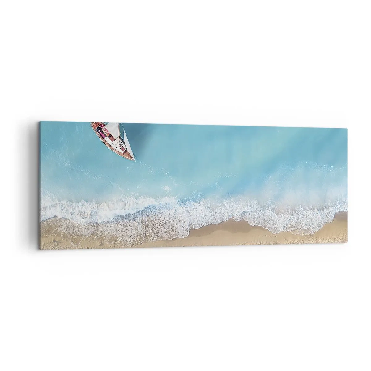 Impression sur toile - Image sur toile - Vue aérienne d'un bateau sur la plage - 140x50cm - A la frontière de l'azur et de l'or - Décoration murale moderne pour le salon et la chambre ARTTOR