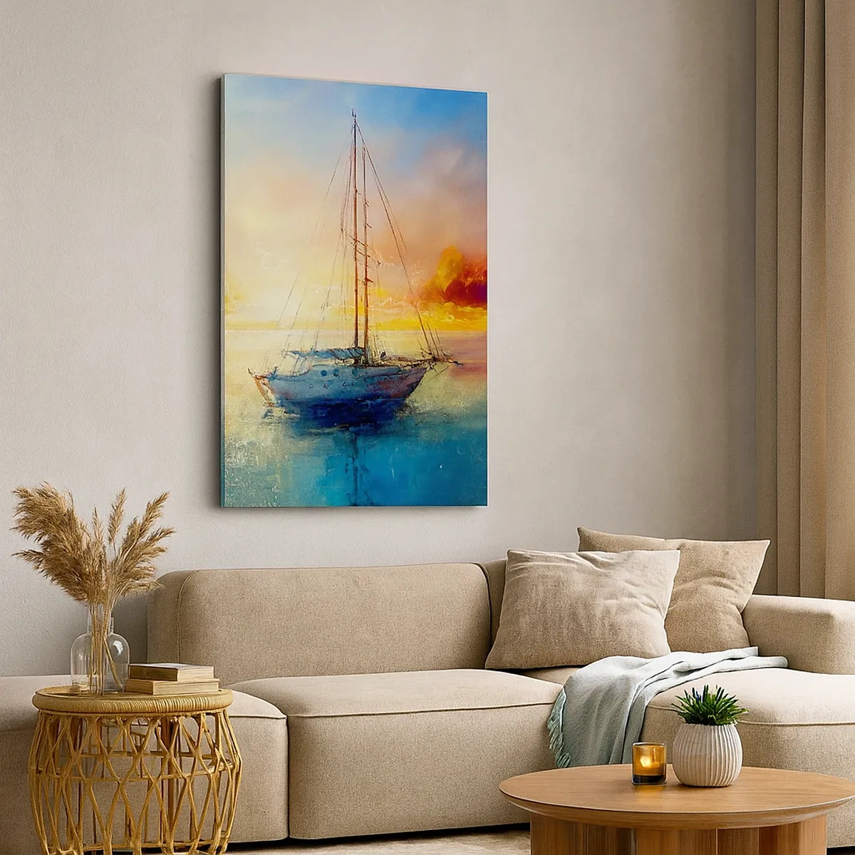 Impression sur toile - Image sur toile - Un yacht sur une mer calme au coucher du soleil - 50x70cm - Dans une baie dorée - Décoration murale moderne pour le salon et la chambre ARTTOR
