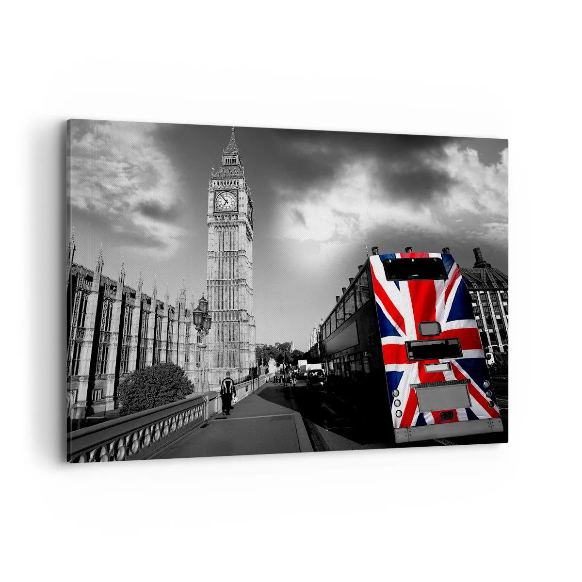 Impression sur toile - Image sur toile - Big Ben et un bus avec un drapeau britannique sur fond noir et blanc - 120x80cm - Fière et grande - Décoration murale moderne pour le salon et la chambre ARTTOR