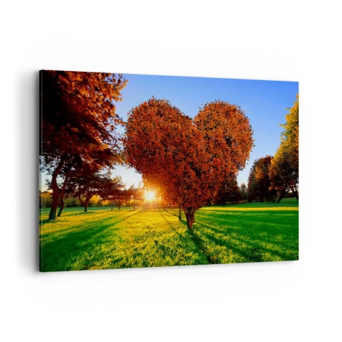 Impression sur toile - Image sur toile - Un arbre en forme de cœur dans un paysage d'automne - 120x80cm - Et comment ne pas aimer tomber - Décoration murale moderne pour le salon et la chambre ARTTOR