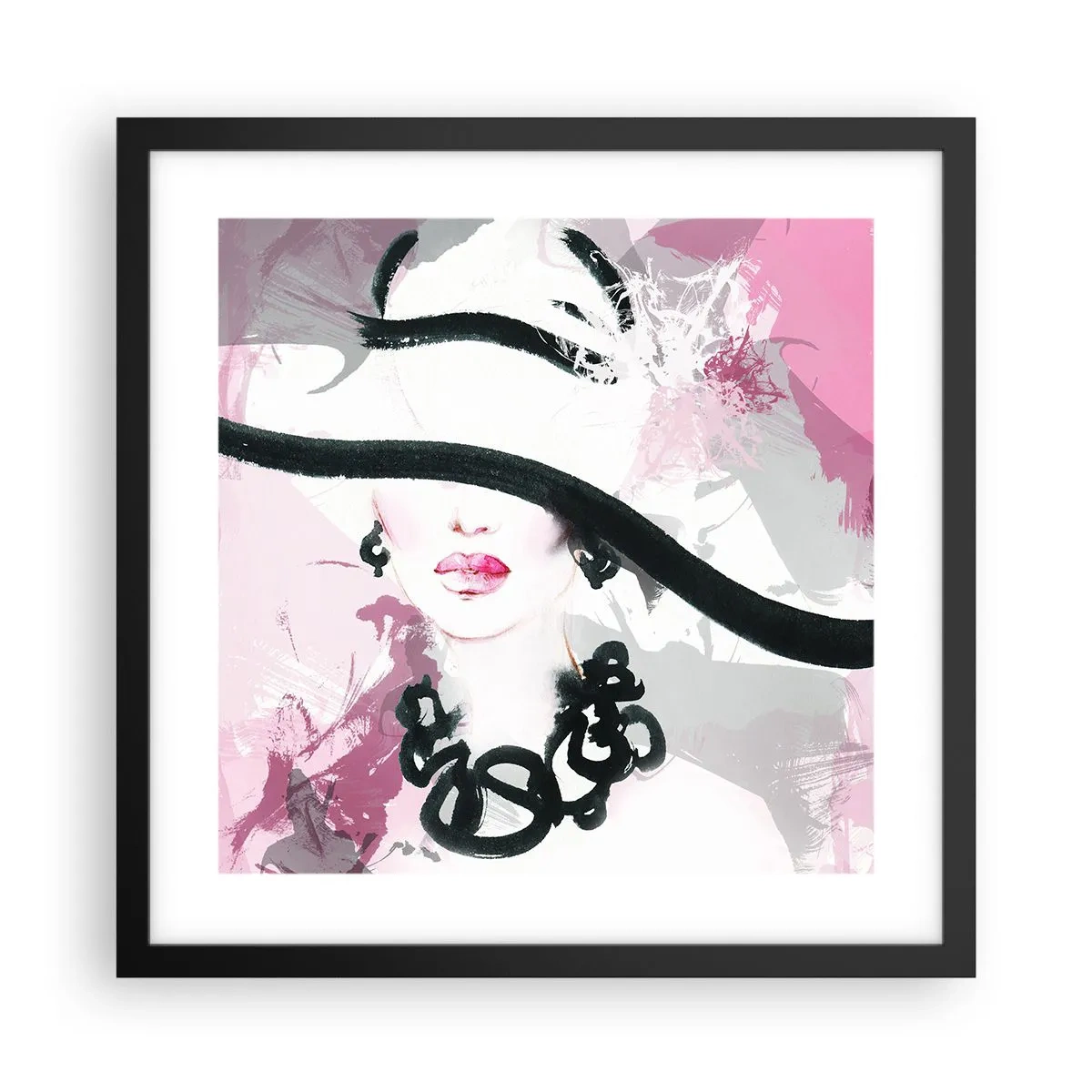 Affiche dans un cadre noir - Poster - Portrait d'une dame en noir et rose - 40x40 cm