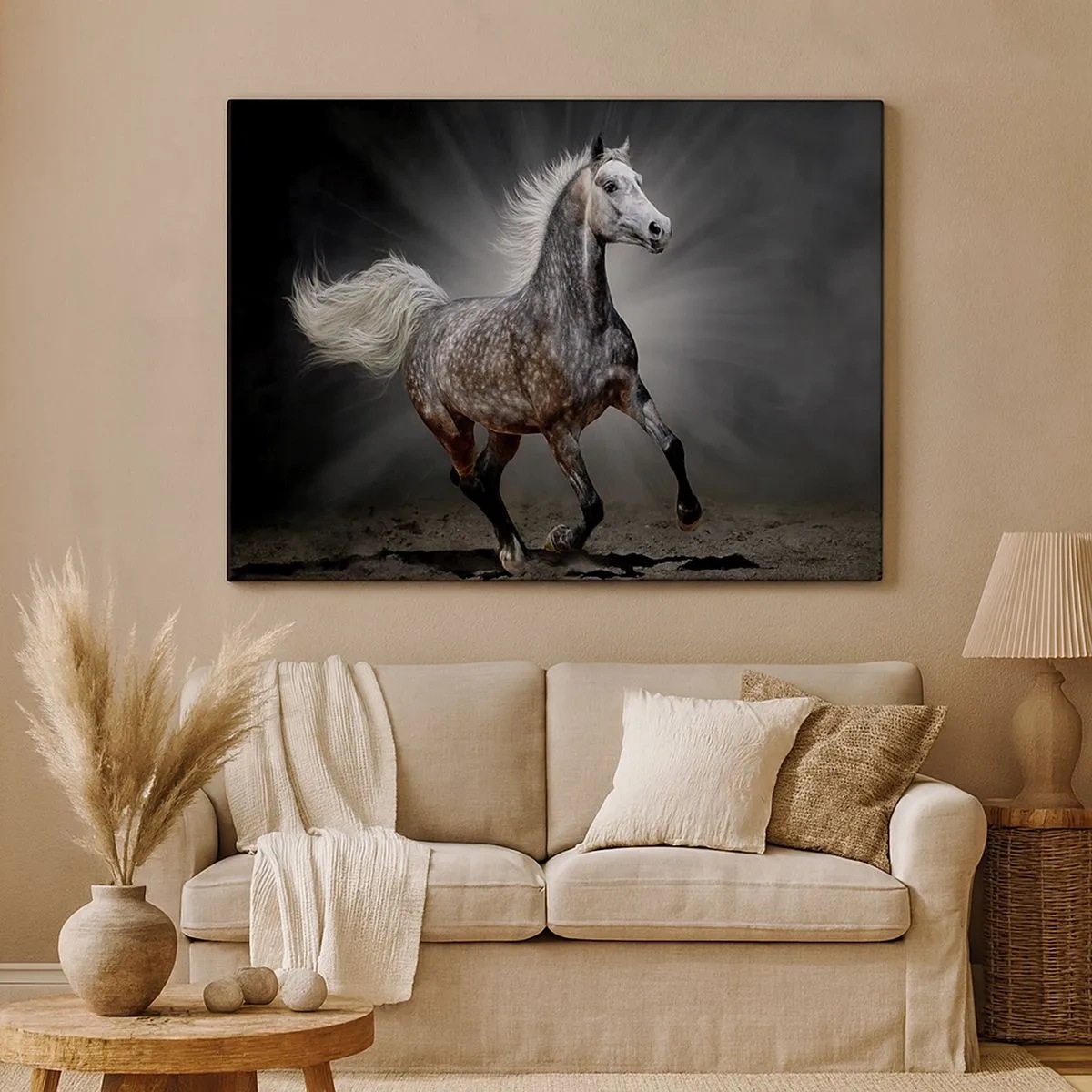Impression sur toile - Image sur toile - Un cheval blanc galopant sur un fond sombre - 70x50cm - Le gris est beau - Décoration murale moderne pour le salon et la chambre ARTTOR
