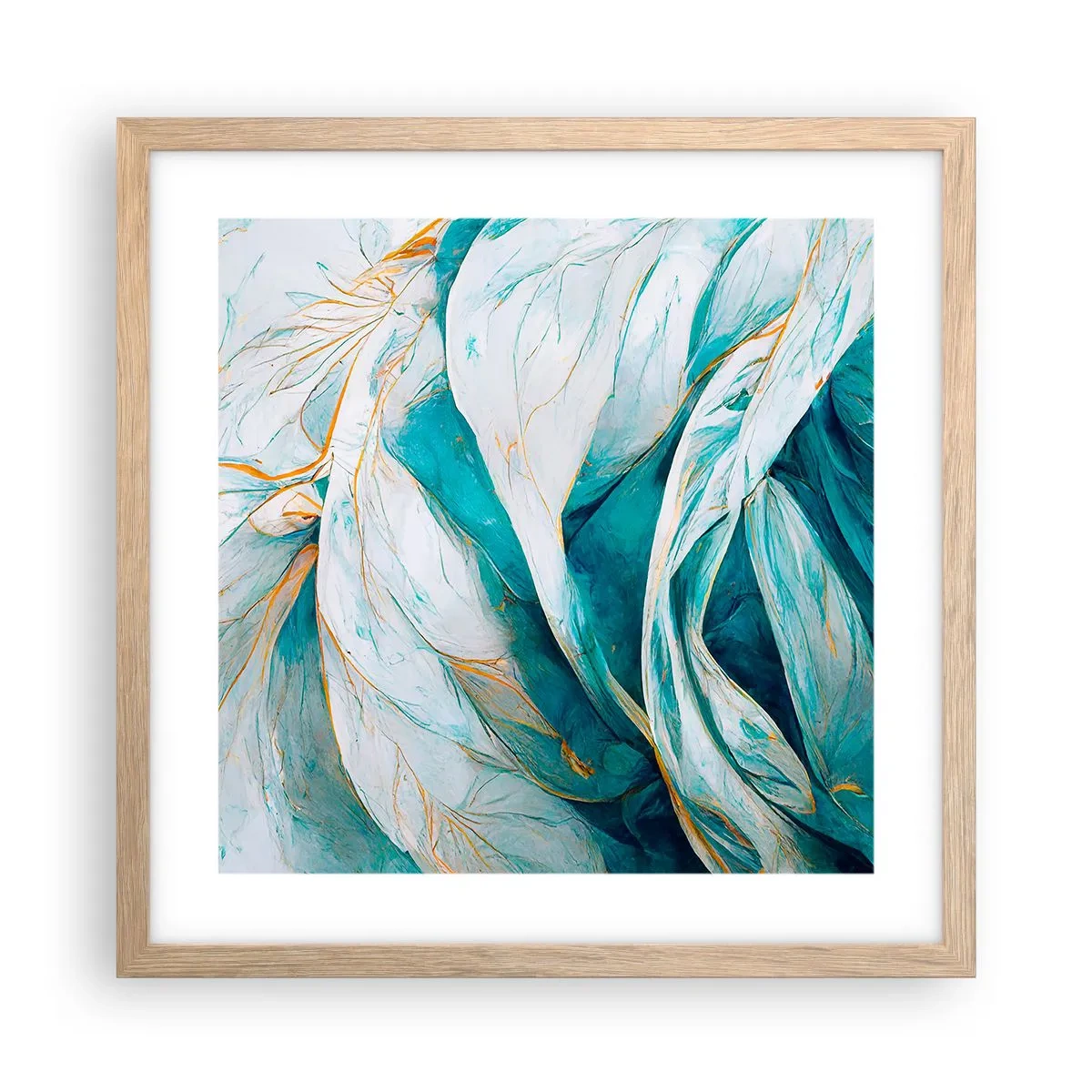 Affiche dans un chêne clair - Poster - Abstraction bleue avec un motif doré - 40x40 cm