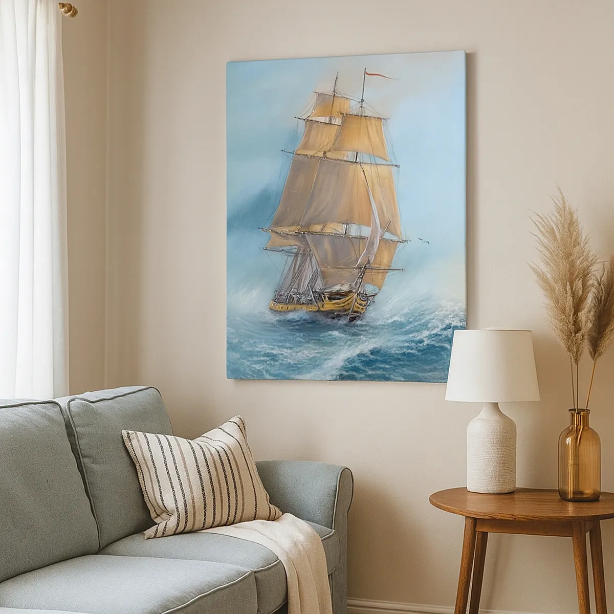 Impression sur toile - Image sur toile - Un voilier sur une mer agitée - 50x70cm - Se précipitant sur les vagues - Décoration murale moderne pour le salon et la chambre ARTTOR