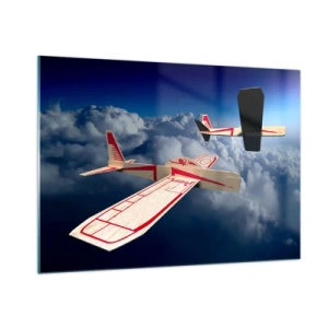 Impression sur verre - Image sur verre - Modèles réduits d'avions glissant dans les nuages - 100x70cm - Encore plus haut, encore plus loin - Décoration murale moderne pour le salon et la chambre ARTTOR