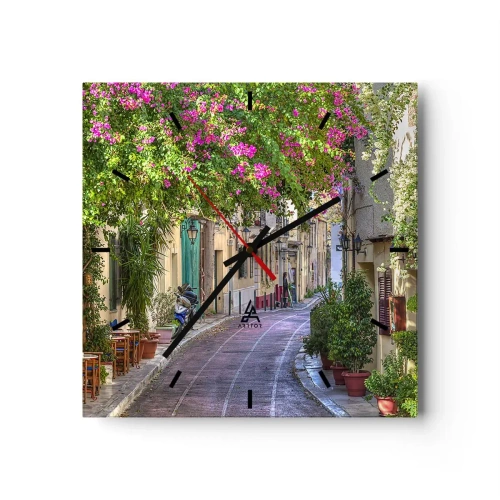 Horloge murale - Pendule murale - Une charmante rue avec des vignes fleuries et des tables de café - 30x30cm - Allée fleurie - Décoration murale moderne pour le salon et la chambre ARTTOR