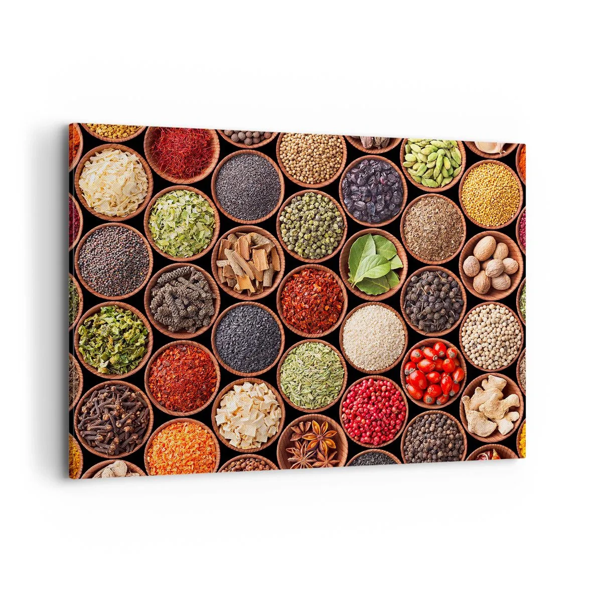 Impression sur toile - Image sur toile - Épices colorées dans des récipients ronds - 100x70cm - Toutes les saveurs du monde - Décoration murale moderne pour le salon et la chambre ARTTOR