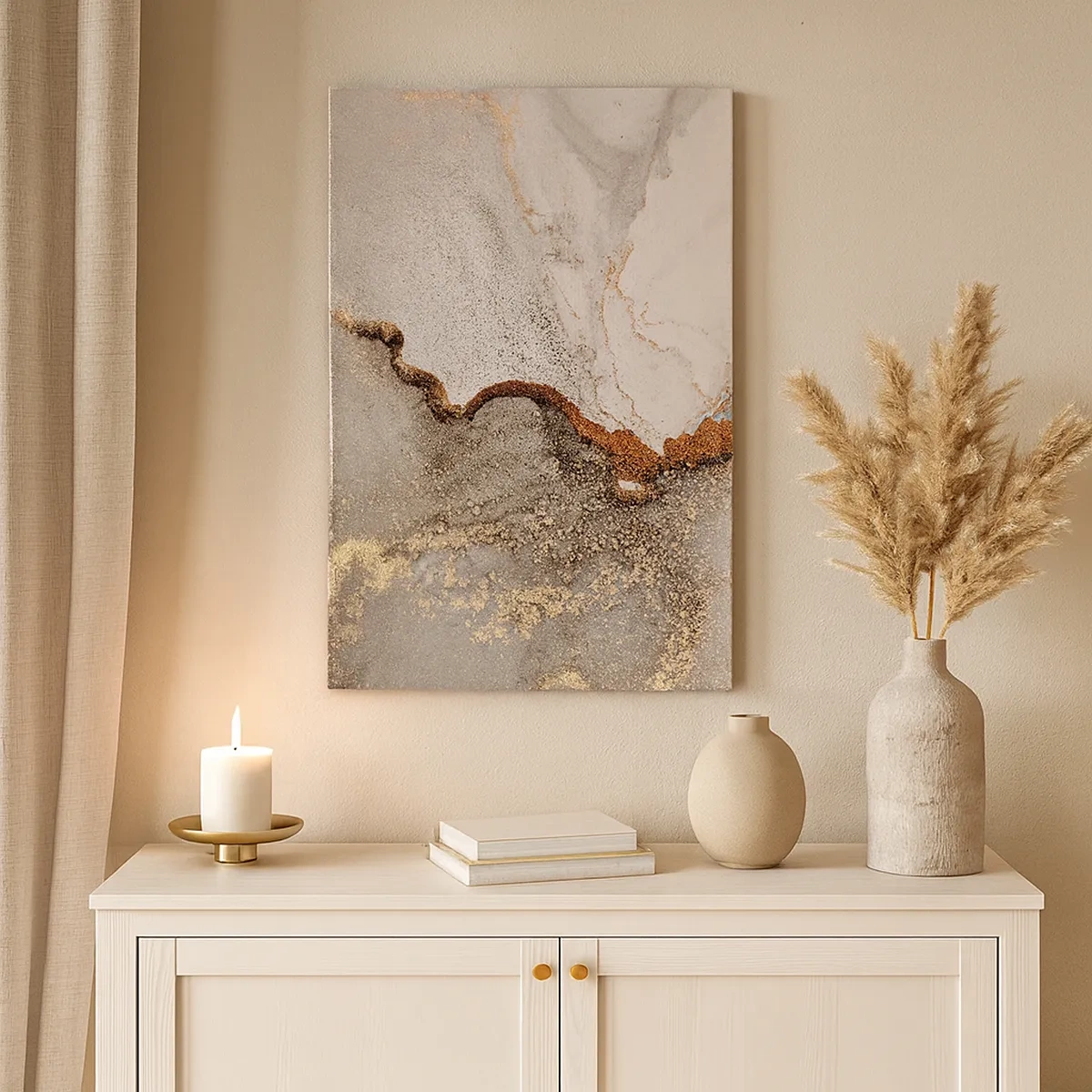 Impression sur toile - Image sur toile - Motif abstrait avec des nuances d'or et de gris - 50x70cm - Aux frontières des couleurs - Décoration murale moderne pour le salon et la chambre ARTTOR